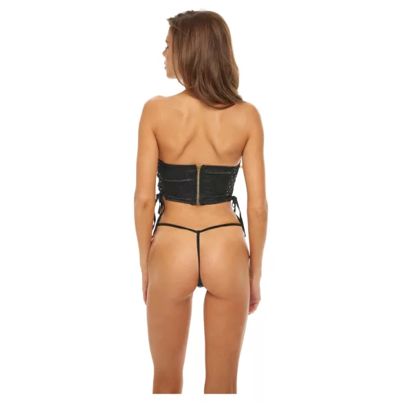 Bombshell - Crop-Top, Leopard Korsett und String (Schwarz) - M