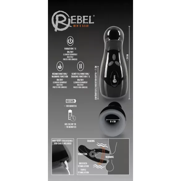 Rebel - Beheizbarer, vibrierender, auf-und-ab Masturbator (schwarz)