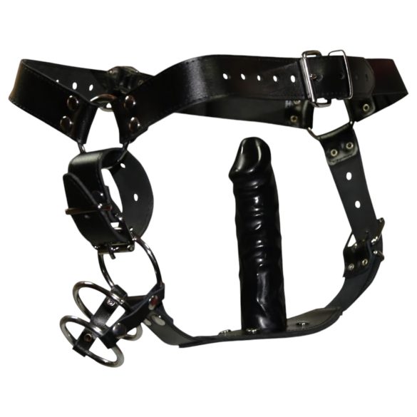 ZADO - Leder Tanga mit Dildo, 3 Penisringen - L/XL