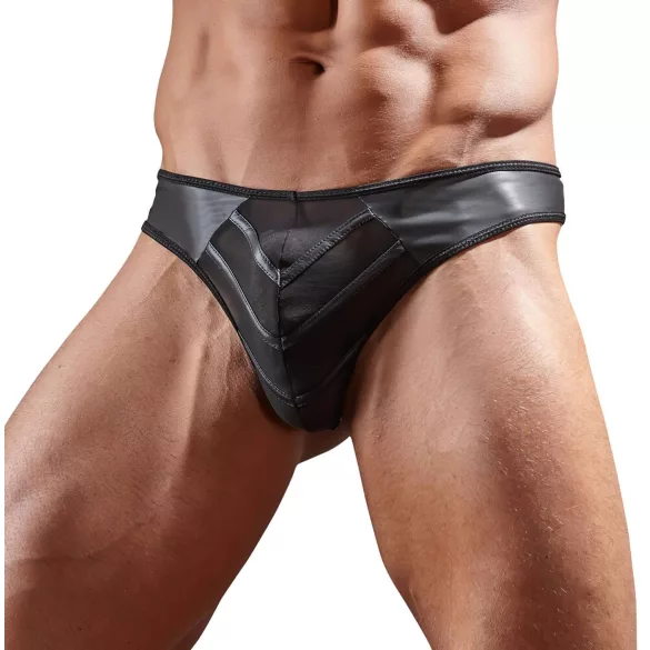 Glänzender Herren-Tanga mit transparentem Einsatz (schwarz)