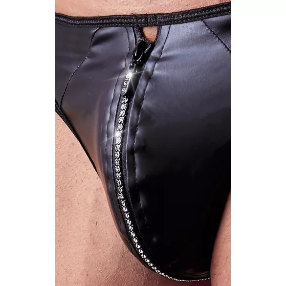 Svenjoyment - glänzender Herren-String mit Strass-Reißverschluss (schwarz) - L