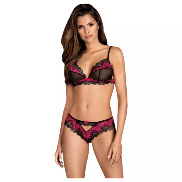 Obsessive Tulia - Spitzen-Dessous-Set (schwarz-pink) - L/XL