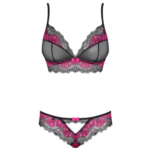 Obsessive Tulia - Spitzen-Dessous-Set (schwarz-pink) - L/XL