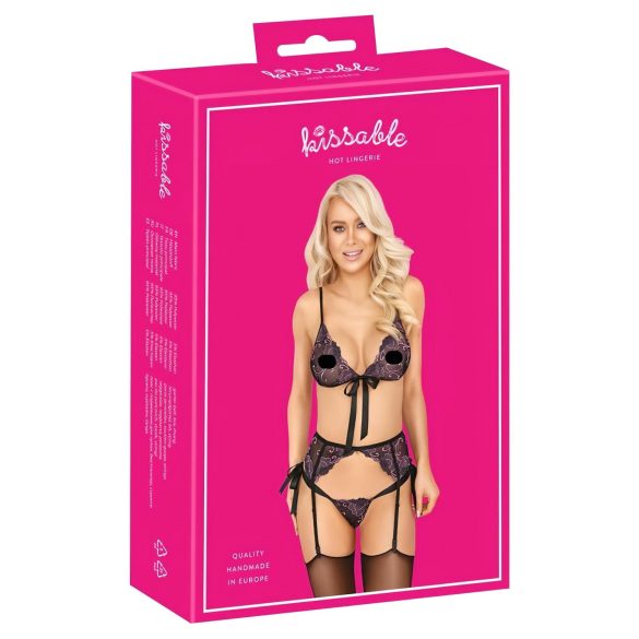 Kissable - pink-lila Stickerei BH-Set (schwarz) - L/XL