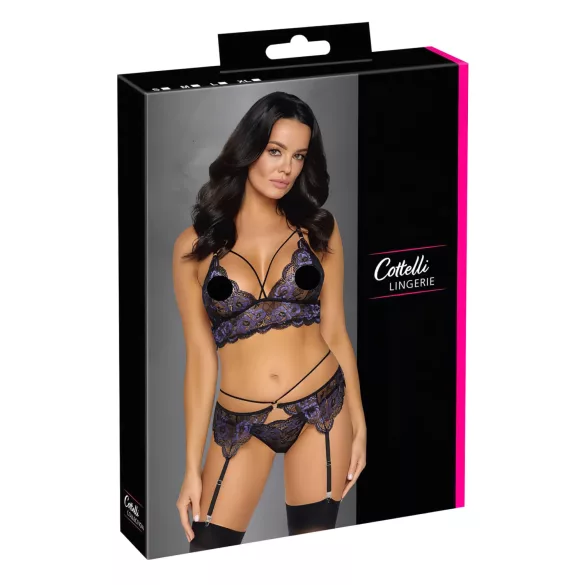 Cottelli - 3-teiliges Spitzenwäsche-Set (schwarz-violett) - XL