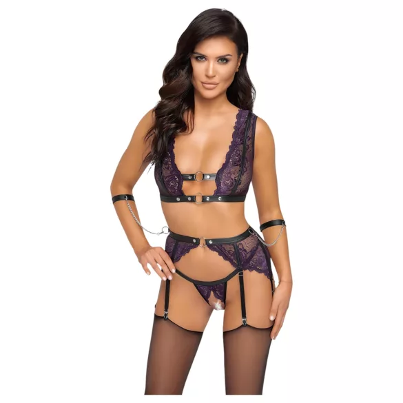 Cottelli Bondage - Dessous-Set und Handschellen (Schwarz-Lila) - L
