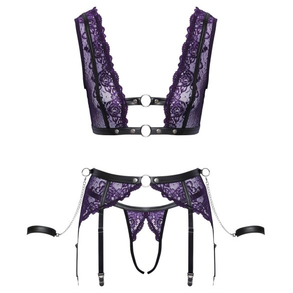 Cottelli Bondage - Dessous-Set und Handschellen (Schwarz-Lila) - L