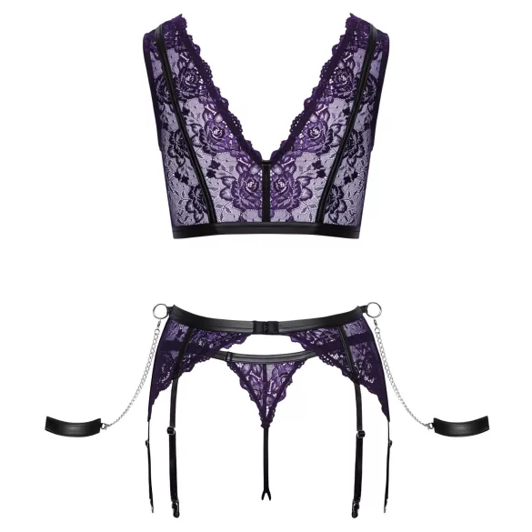 Cottelli Bondage - Dessous-Set und Handschellen (Schwarz-Lila) - L