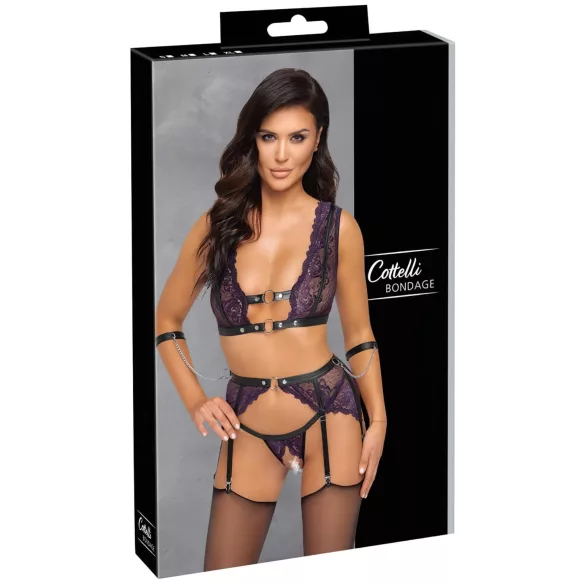Cottelli Bondage - Dessous-Set und Handschellen (Schwarz-Lila) - XL