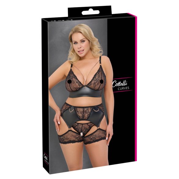Cottelli Curves - Spitzen-BH-Set mit Ledereinsätzen (Schwarz) - 2XL