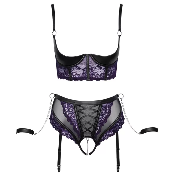 Cottelli Bondage - BH-Set und Handfesseln (schwarz-lila) - M