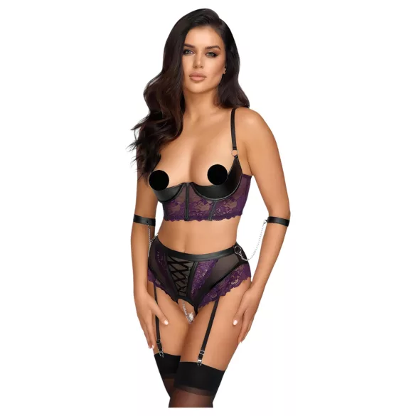 Cottelli Bondage - BH-Set und Handfesseln (schwarz-lila) - L