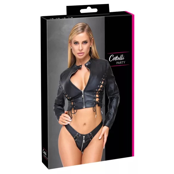 Cottelli - kurzes Kunstleder-Jäckchen und Tanga-Set (schwarz)