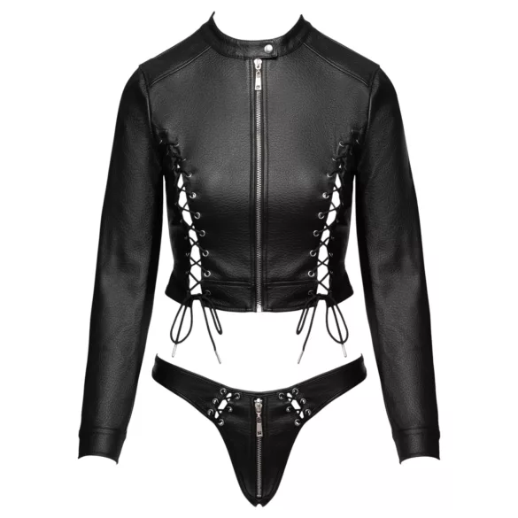 Cottelli - kurzes Kunstleder-Jäckchen und Tanga-Set (schwarz)