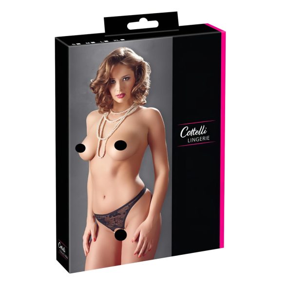 Cottelli - Perlenbesetzter, offener Spitzen-Tanga (schwarz)