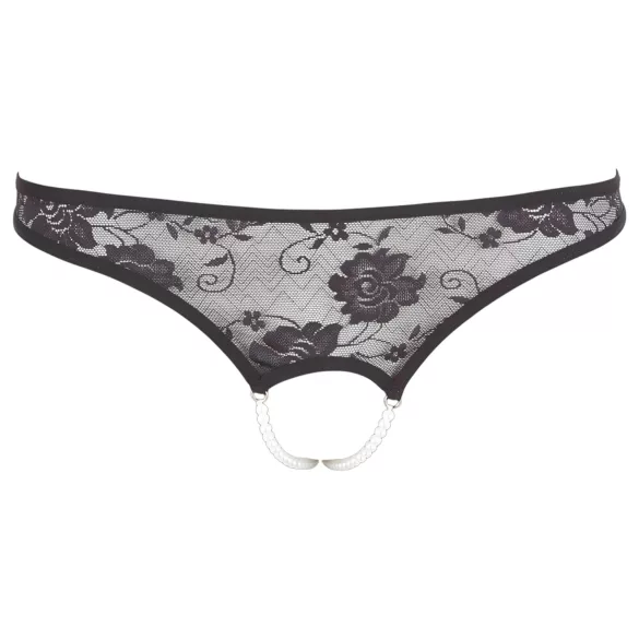 Cottelli - Perlenverzierte offene Spitzen-Tanga (schwarz) - L