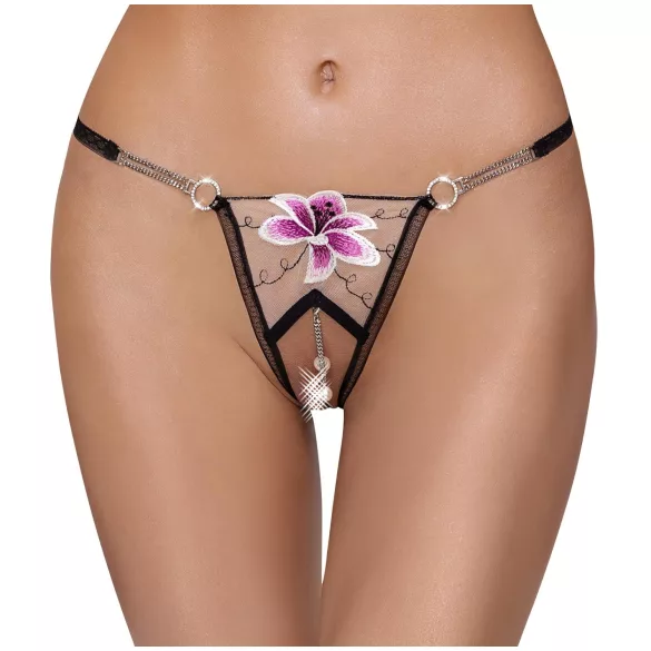 Cottelli - Luxus, bestickter Lilien-Tanga (schwarz-weiß) - M/L
