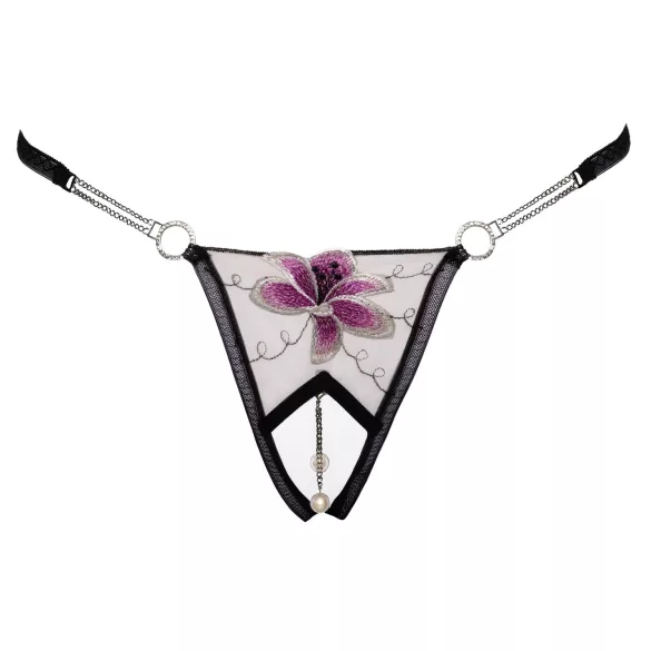 Cottelli - Luxus, bestickter Lilien-Tanga (schwarz-weiß) - M/L