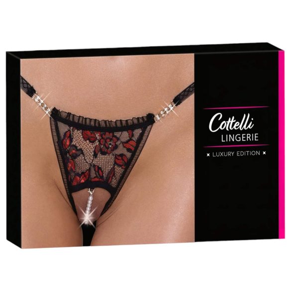 Cottelli - luxuriöser, rosé-perlenbesetzter String (schwarz)