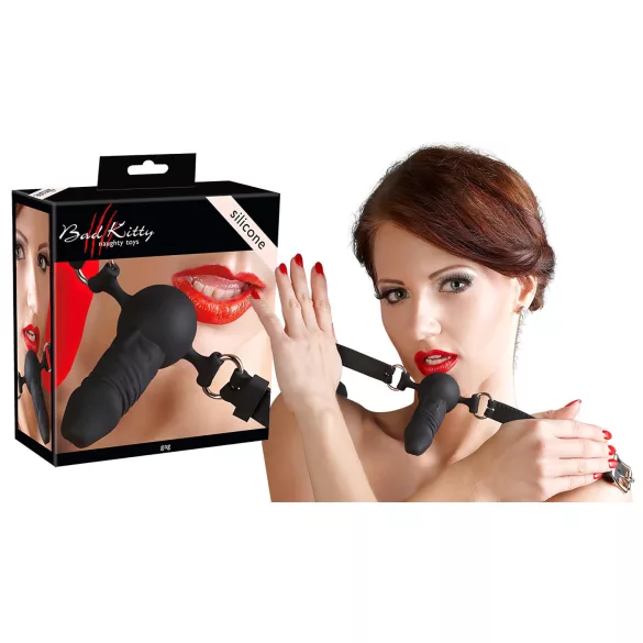 Bad Kitty - Silikon Knebel mit kleinem Dildo (schwarz)