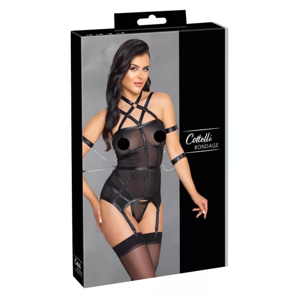 Cottelli Bondage - Oberteil mit Gurten, Handfesseln & String (schwarz) - L