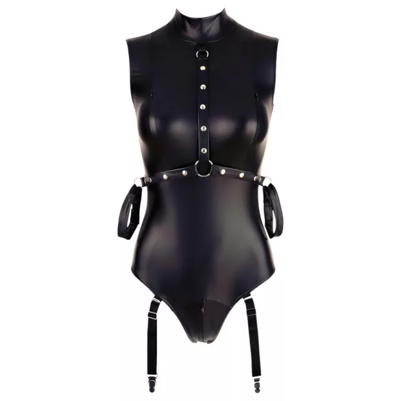 Cottelli Bondage - Ärmeloser, glänzender Body & Armfessel (Schwarz) - L