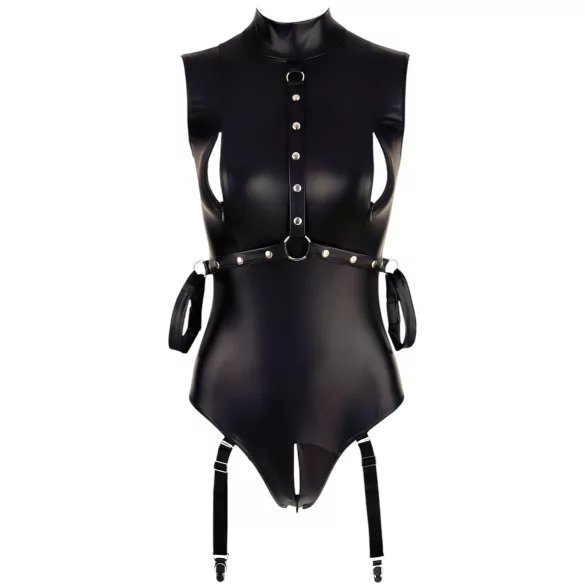 Cottelli Bondage - Ärmeloser, glänzender Body & Armfessel (Schwarz) - L