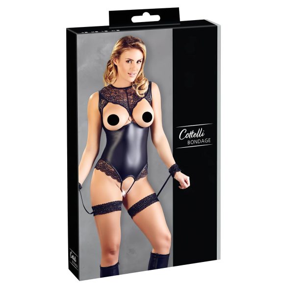 Cottelli Bondage - Glänzender Body mit offenen Cups & Handfesseln (Schwarz)