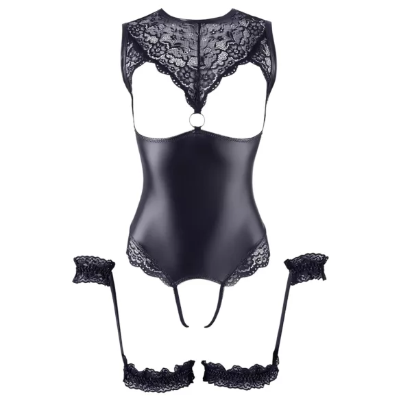 Cottelli Bondage - Glänzender Offener Body & Handfesseln (Schwarz) - M