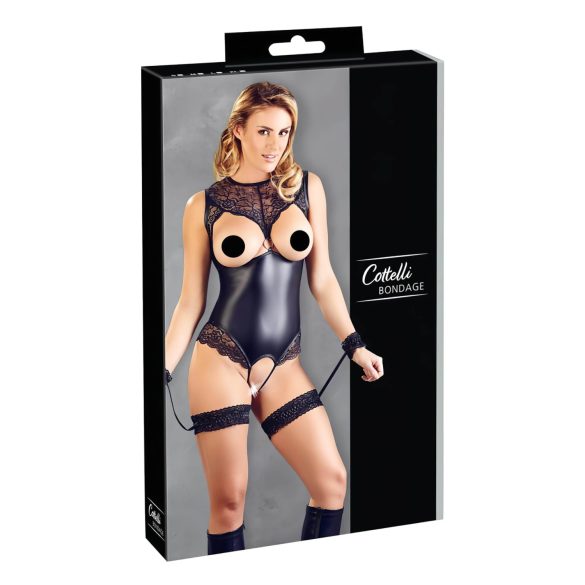 Cottelli Bondage - Glänzender Offener Body & Handfesseln (Schwarz) - L