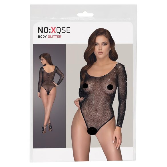 NO:XQSE - langärmliger, glitzernder Netz-Body - Schwarz (S-L)