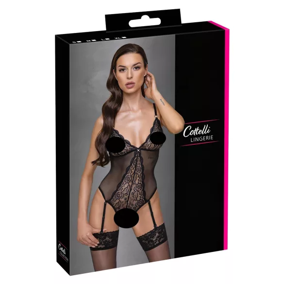 Cottelli - Strumpfhalter, Spitzen-Body mit offenem Design (schwarz)