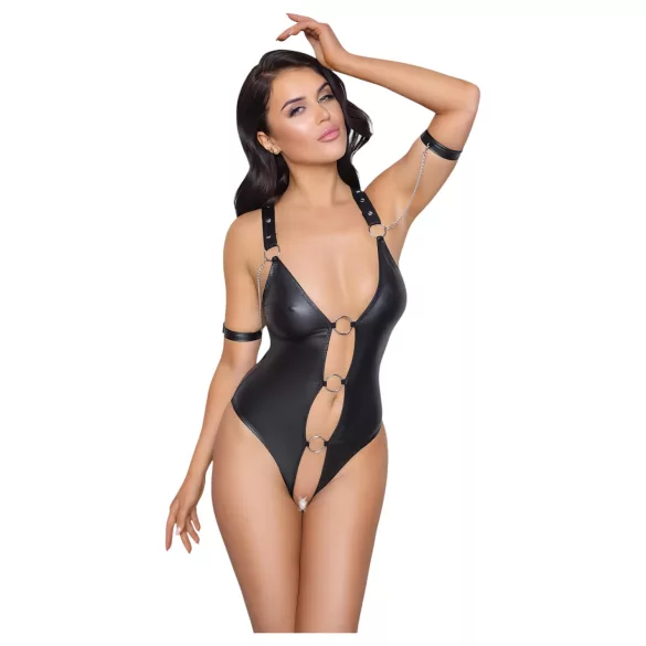 Cottelli Bondage - Glänzender, offener Body mit Ringen (schwarz)