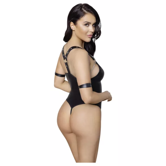 Cottelli Bondage - Glänzender, offener Body mit Ringen (schwarz) - L