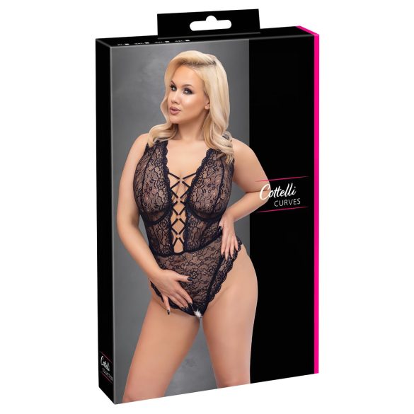 Cottelli Curves Plus Size - Transparenter, gemusterter Body (schwarz)