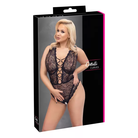 Cottelli Curves Plus Size - transparenter gemusterter Body (schwarz) - 90D/XL