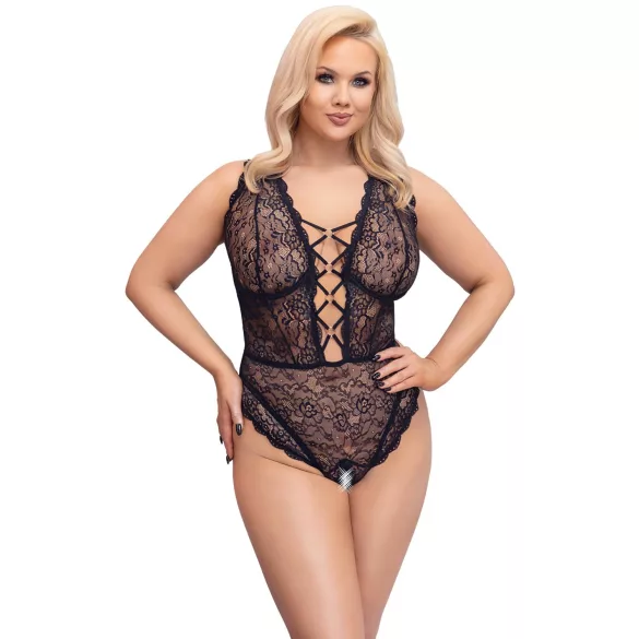 Cottelli Curves Plus Size - transparenter gemusterter Body (schwarz) - 90D/XL