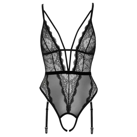Cottelli - Offener, riemchen Body mit Strumpfhalter (schwarz) - M