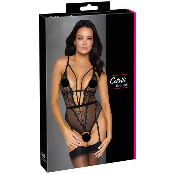Cottelli - Offener, riemchen Body mit Strumpfhalter (schwarz) - XL