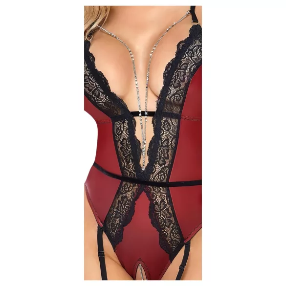 Abierta Fina - offener Body mit Strumpfhalter (schwarz-rot) - L