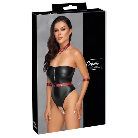 Cottelli Bondage - Glänzender Body und Handfesseln (schwarz) - M