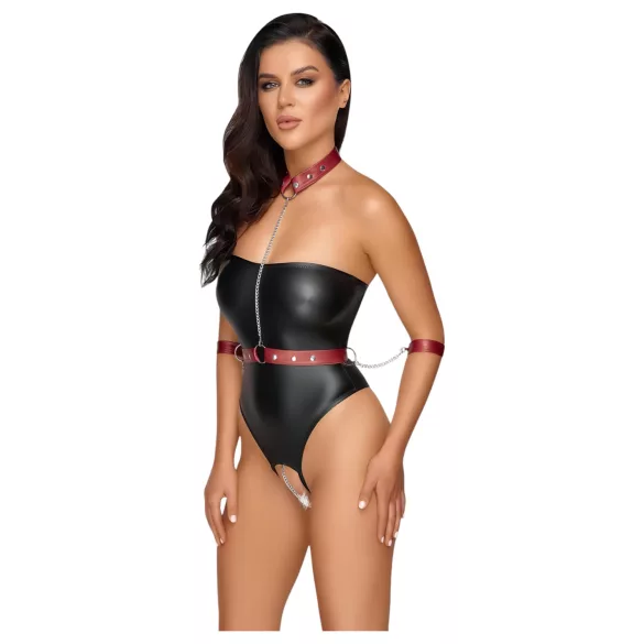 Cottelli Bondage - Glänzender Body und Handfesseln (schwarz) - M