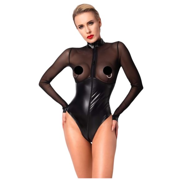 Noir - Glänzender Body mit transparentem Einsatz (Schwarz) - XL