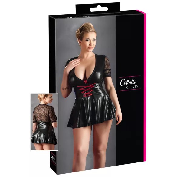 Cottelli Plus Size - Glänzendes Kleid mit rotem Korsett (schwarz) - XXL
