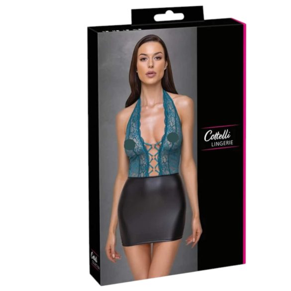 Cottelli - Schnürkleid mit Spitze, glänzend (schwarz-grün) - M