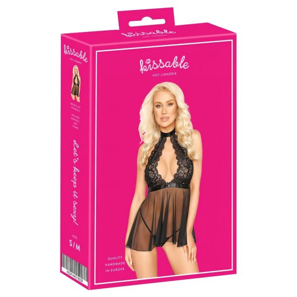 Küssbarer Babydoll mit Halsband – schwarz, Spitze
