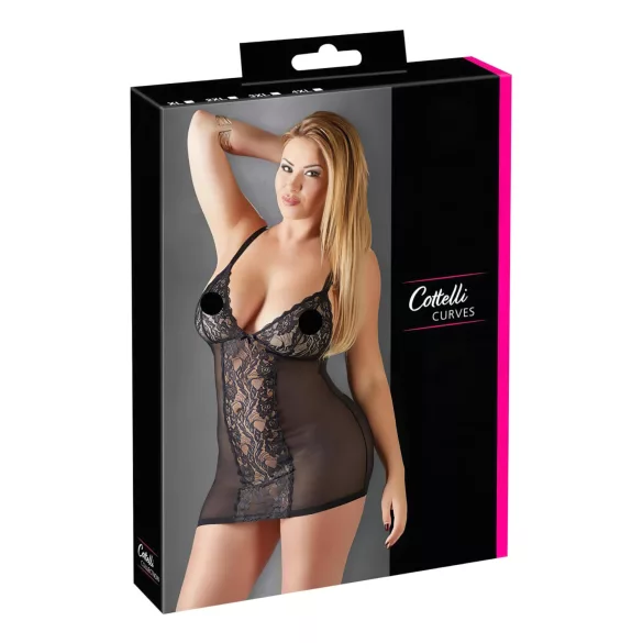 Cottelli Plus Size - Spitzen-Negligé transparent (schwarz) - 3XL