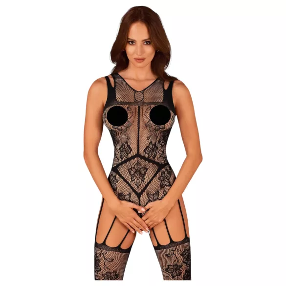 Obsessive - Blumenmuster offener Netz-Overall (schwarz) (S-L)