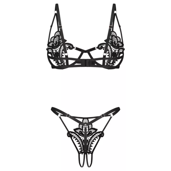 Obsessive Luise - zweiteiliges Dessous-Set mit Tulpenmuster (schwarz) - L/XL