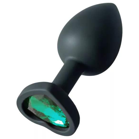 Sunfo - Silikon Analplug mit herzförmigem dunkelgrünem Stein (schwarz)